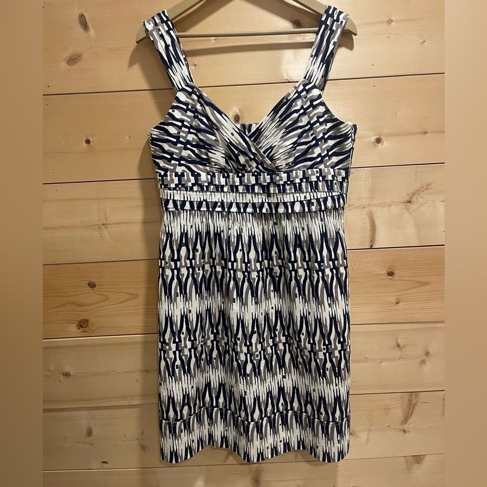 Ann Taylor Sz. 12 Stretch Cotton Sheath Dress Blue Beige White Lined
